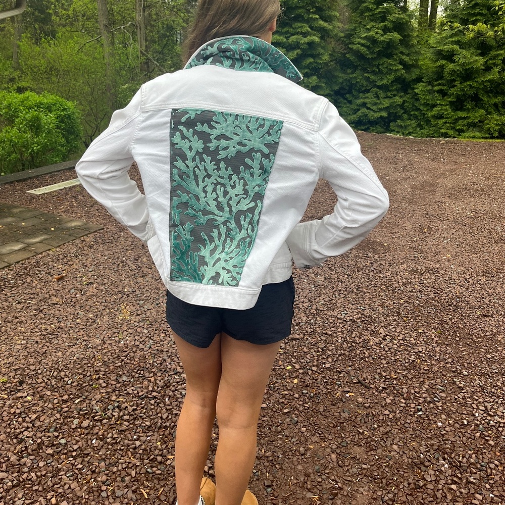 “Aloha” hand embellished white denim jacket
